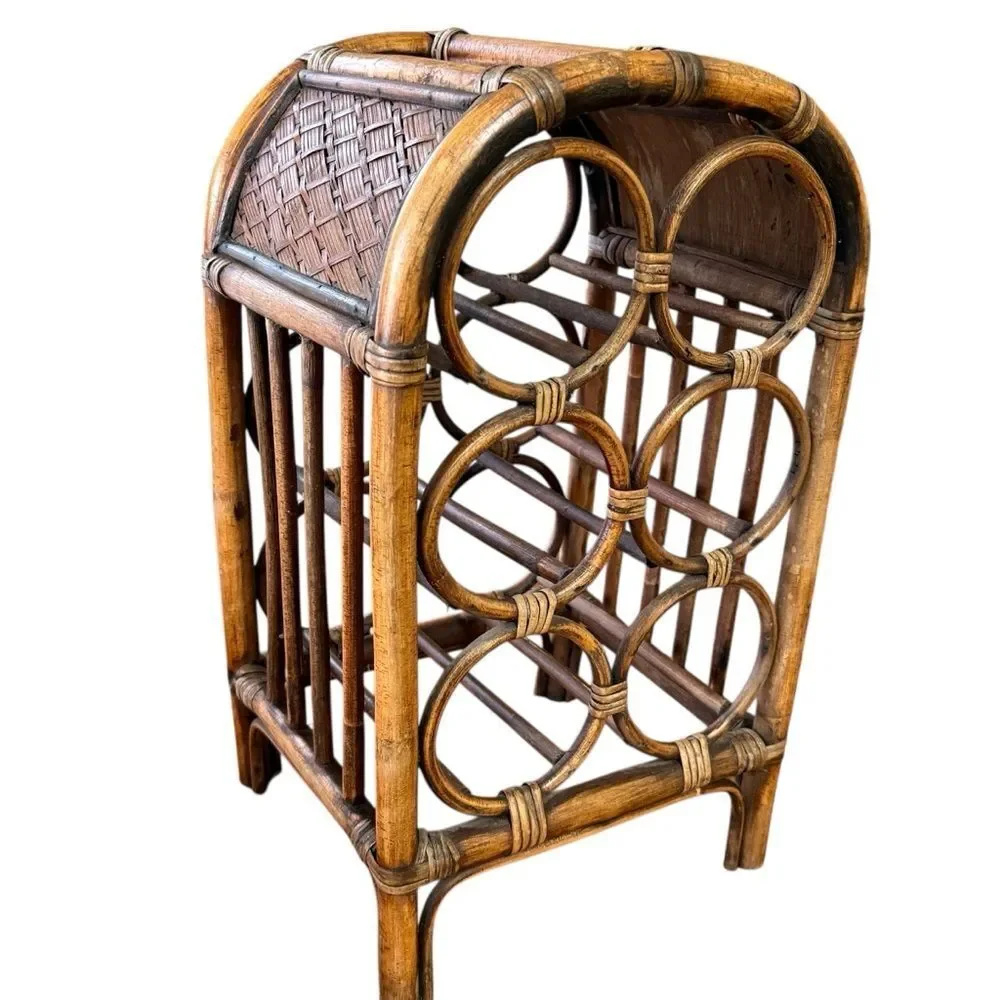 Vintage 70’s Bamboo and Rattan 6 bottle Freestanding Wine Rack